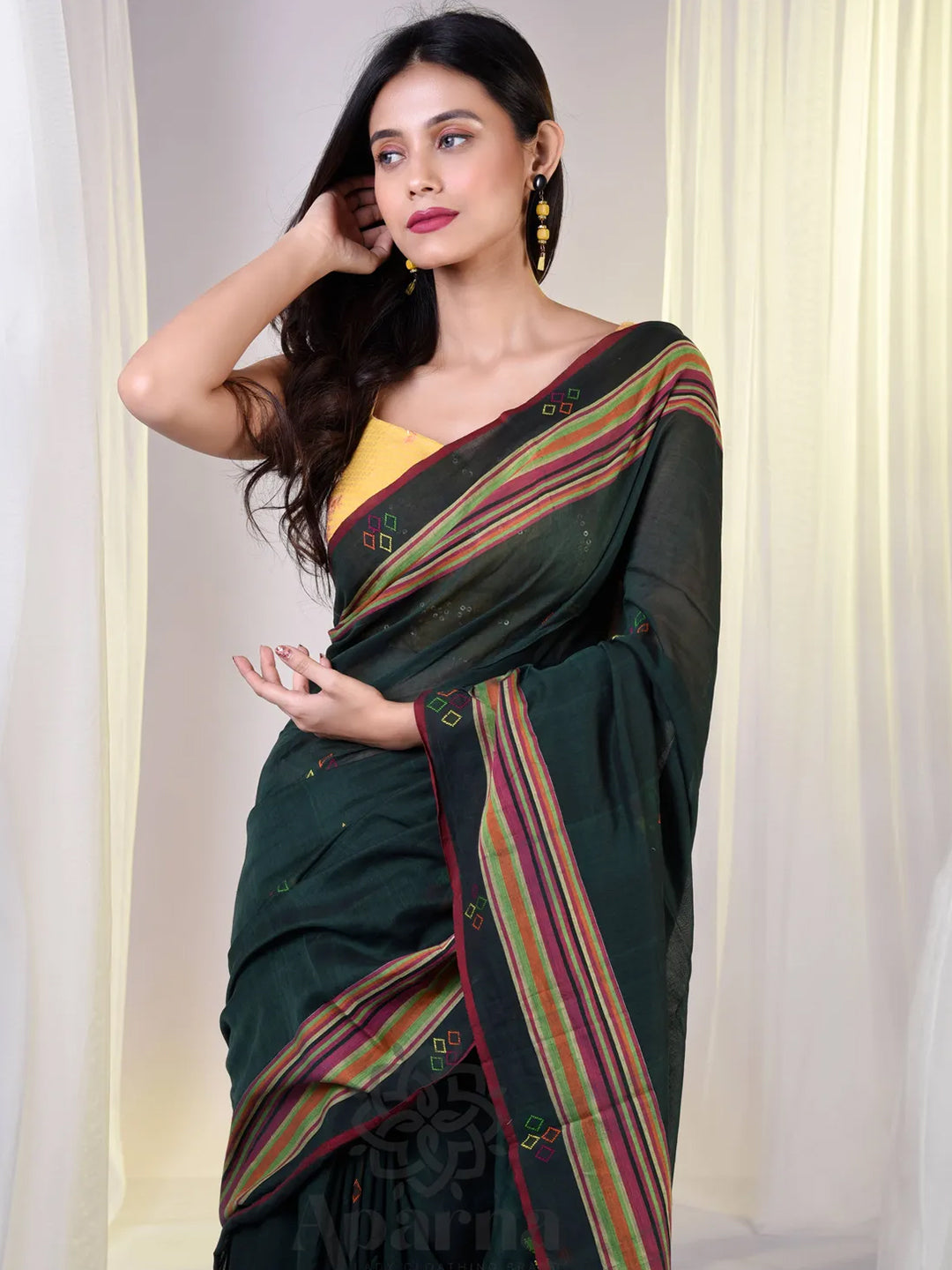 Aparna Handloom Bottle Green Premium Cotton Saree For Women