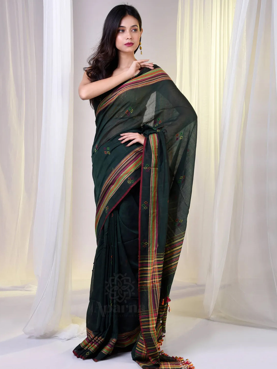 Aparna Handloom Bottle Green Premium Cotton Saree For Women
