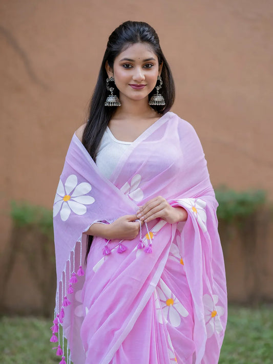 Aparna Baby Pink Hand Printed Premium Cotton Solid Saree For Women