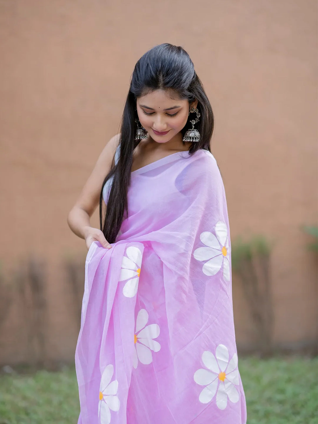 Aparna Baby Pink Hand Printed Premium Cotton Solid Saree For Women