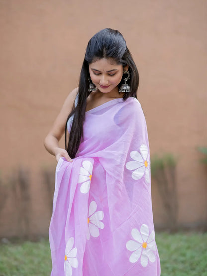 Aparna Baby Pink Hand Printed Premium Cotton Solid Saree For Women