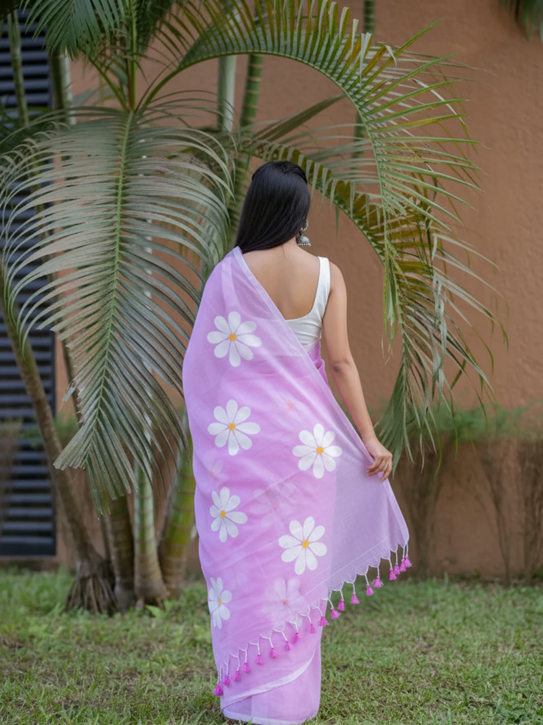 Aparna Baby Pink Hand Printed Premium Cotton Solid Saree For Women