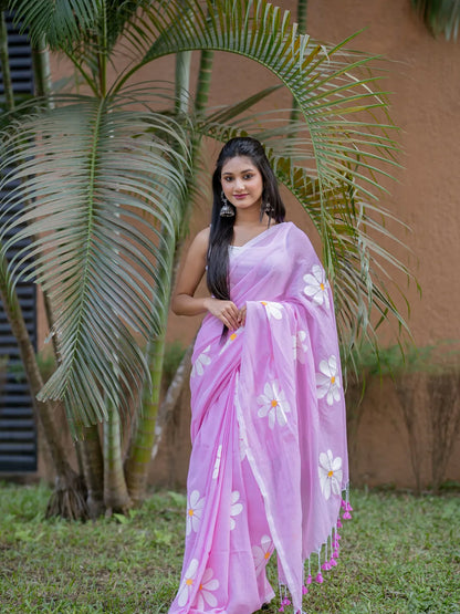 Aparna Baby Pink Hand Printed Premium Cotton Solid Saree For Women
