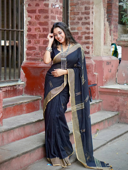 Aparna Black & Golden Premium Handloom Cotton Solid Saree For Women