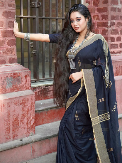 Aparna Black & Golden Premium Handloom Cotton Solid Saree For Women