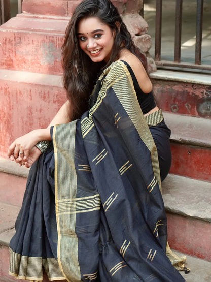 Aparna Black & Golden Premium Handloom Cotton Solid Saree For Women