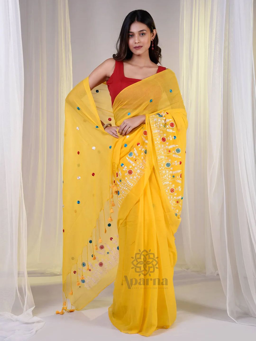 Aparna Yellow Cotton Solid Embroidery Solid Saree For Women