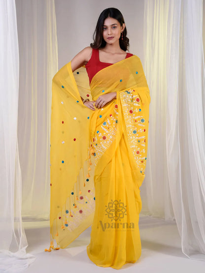 Aparna Yellow Cotton Solid Embroidery Solid Saree For Women