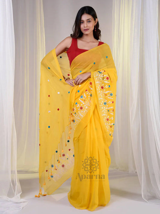 Aparna Yellow Cotton Solid Embroidery Solid Saree For Women