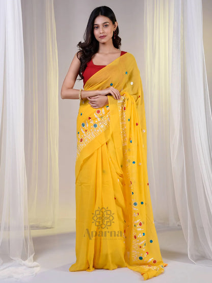 Aparna Yellow Cotton Solid Embroidery Solid Saree For Women