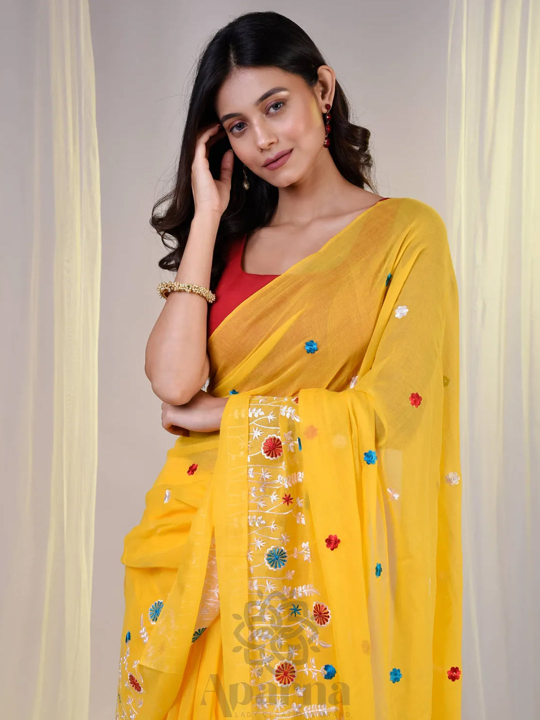 Aparna Yellow Cotton Solid Embroidery Solid Saree For Women