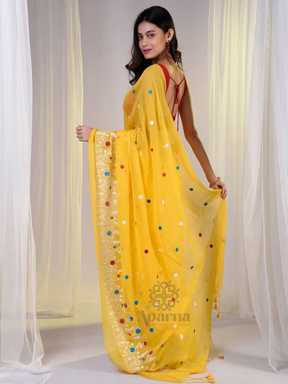 Aparna Yellow Cotton Solid Embroidery Solid Saree For Women