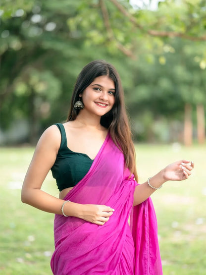 Vibrant Pink Premium Mul Cotton Saree With Lace For Women