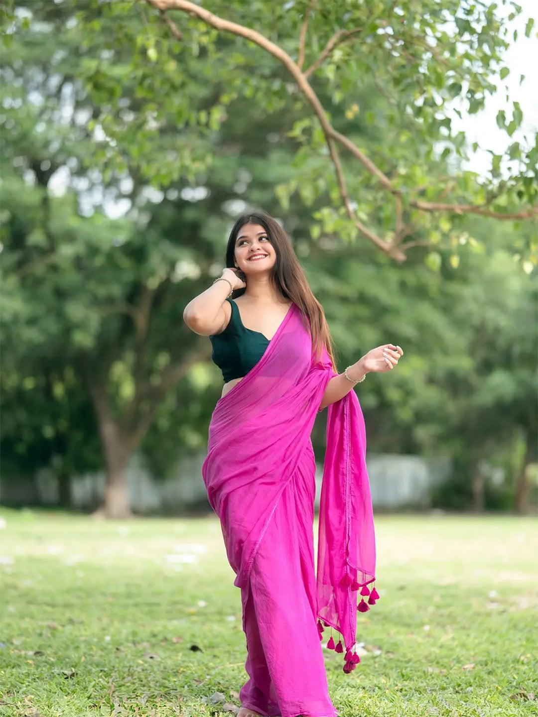 Vibrant Pink Premium Mul Cotton Saree With Lace For Women