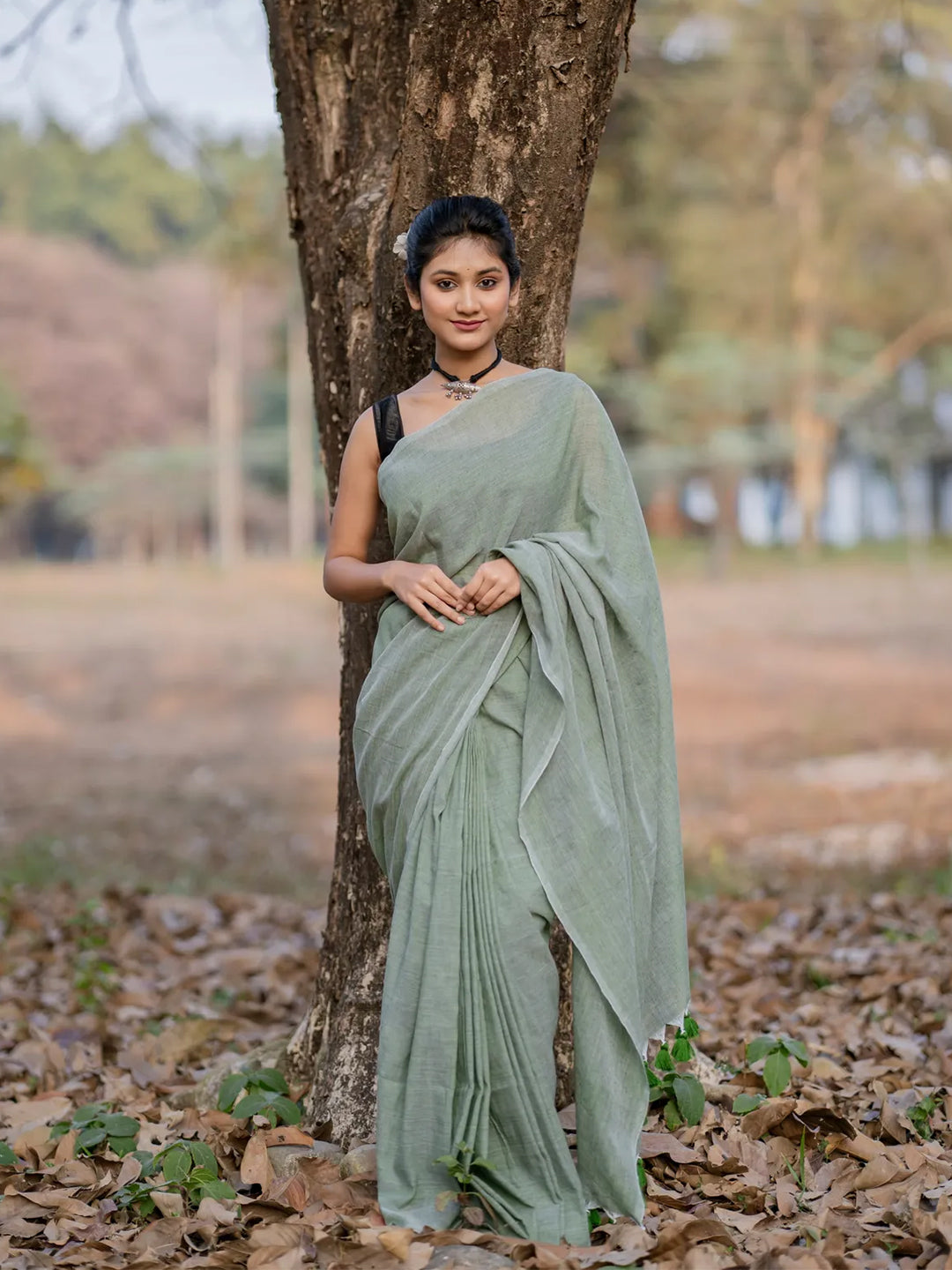 Pasta Green Mul Cotton Saree For Women