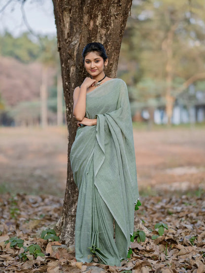 Pasta Green Mul Cotton Saree For Women