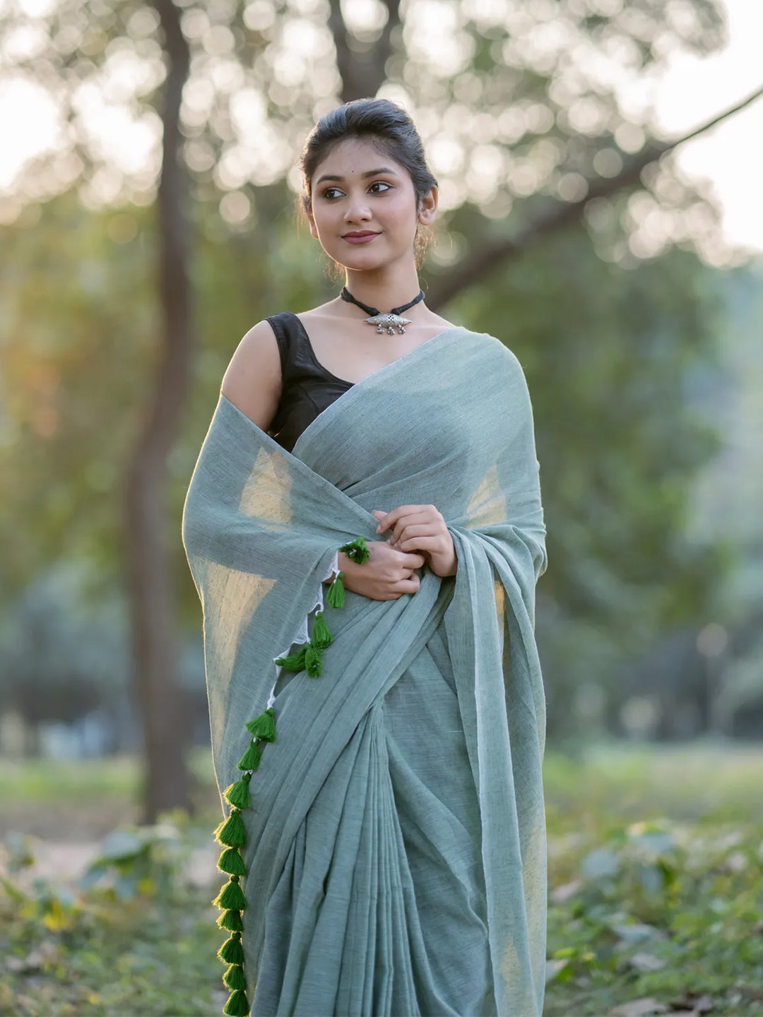 Pasta Green Mul Cotton Saree For Women