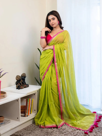 Green Cotton Solid Saree For Women