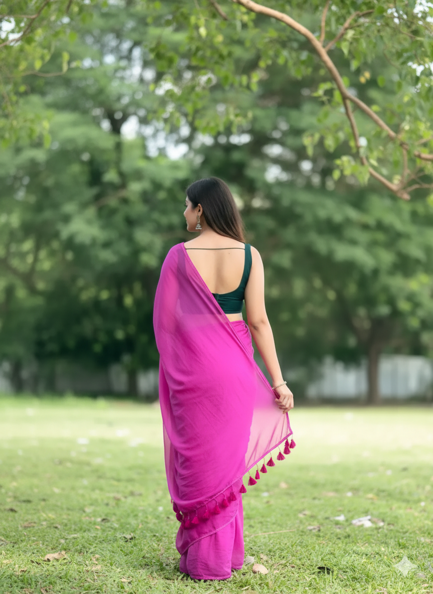 Vibrant Pink Premium Mul Cotton Saree With Lace For Women