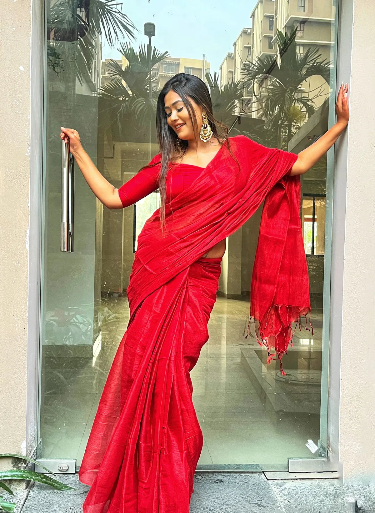 Aparna Cherry Red Raga Tissue Saree For Women & Girls
