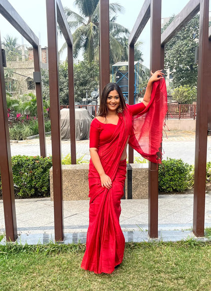 Aparna Cherry Red Raga Tissue Saree For Women & Girls