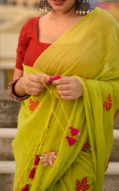 Aparna Lime Green Cotton Solid Embroidery work Saree For Women