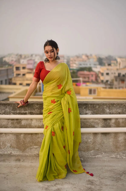 Aparna Lime Green Cotton Solid Embroidery work Saree For Women