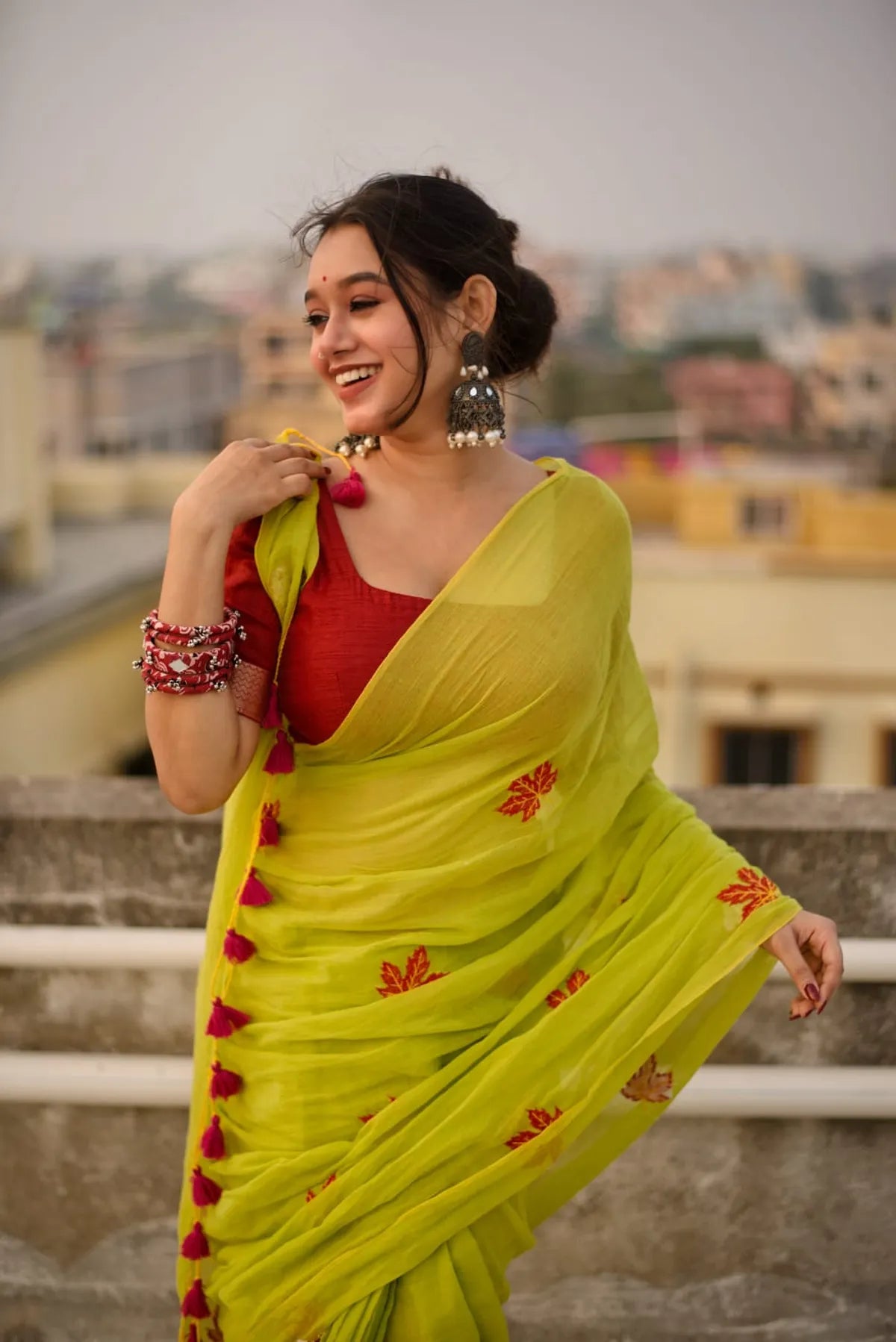 Aparna Lime Green Cotton Solid Embroidery work Saree For Women