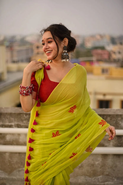 Aparna Lime Green Cotton Solid Embroidery work Saree For Women