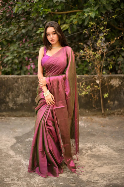 Aparna Wine Color Raga Tissue Dual Tone Saree With Unsitched Blouse Piece For Women