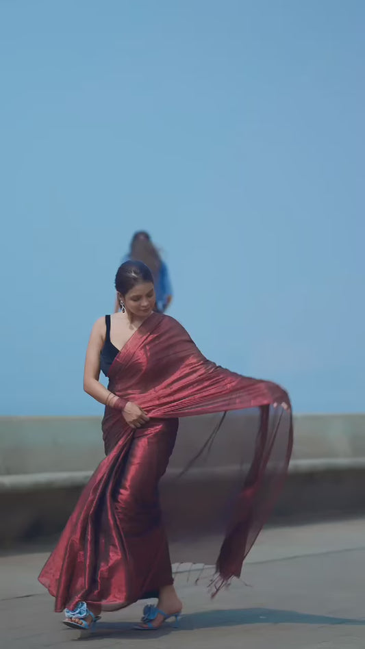 Maroon & Blood Red Dual Tone Raga Tissue Saree For Women & Girls