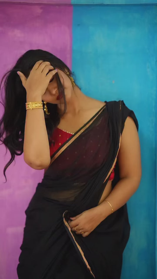Black Premium Mul Cotton Saree With Golden Border For Women