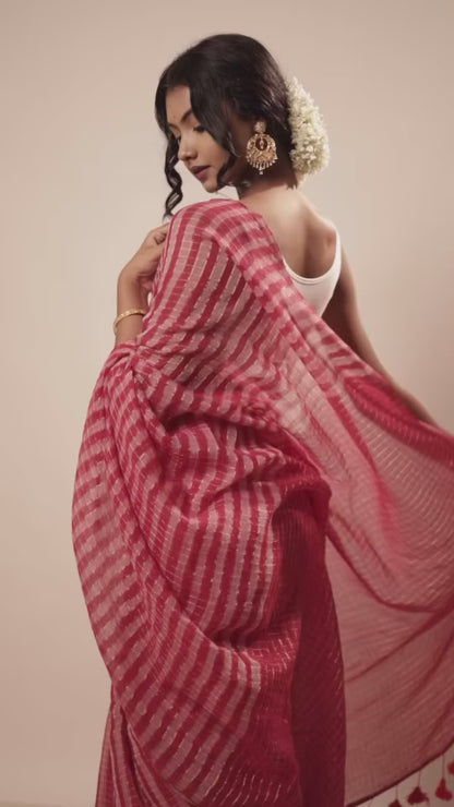 Aparna Red And Golden Stripe Premium Mul Cotton Saree