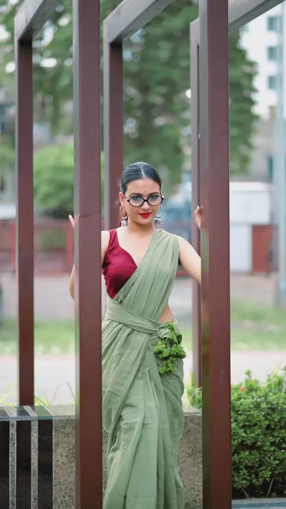 Olive Green Premium Mul Cotton Saree With Lace For Women
