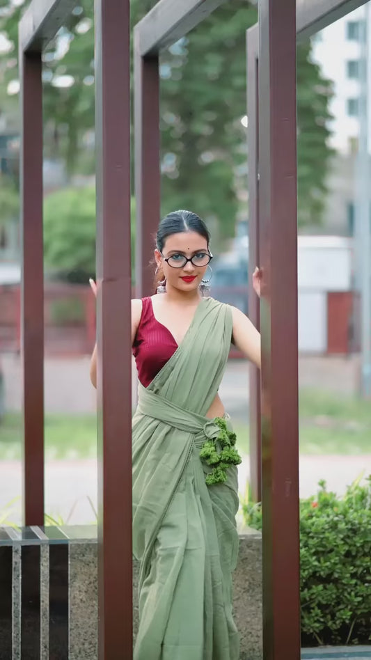 Olive Green Premium Mul Cotton Saree With Lace For Women