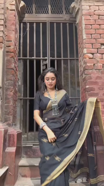 Aparna Black & Golden Premium Handloom Cotton Solid Saree For Women