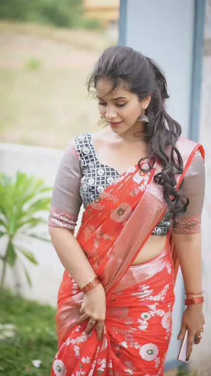 Aparna Red Colour Banarasi Tissue Silk Saree For Women
