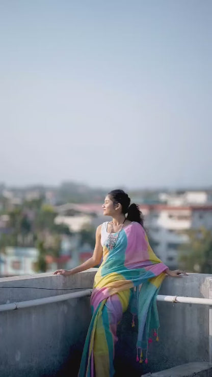 Aparna Handloom Multi Colour Linen Saree For Women