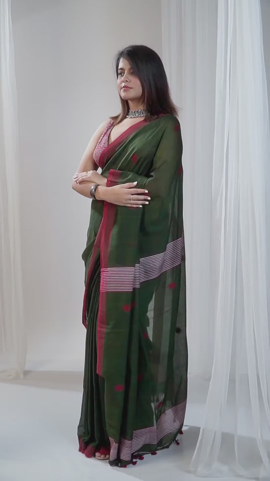 Bhuj Cotton Handloom Saree With Dark Green Body And Red Dots