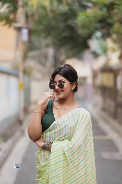 Lime Green Leheria Striped Premium Cotton Saree For Women