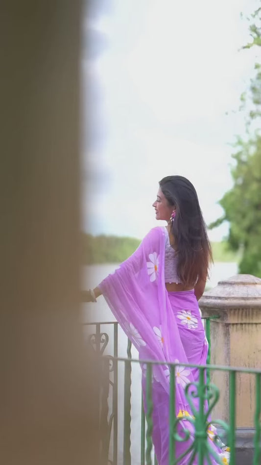 Floral Print Levender Mul Cotton Saree For Women