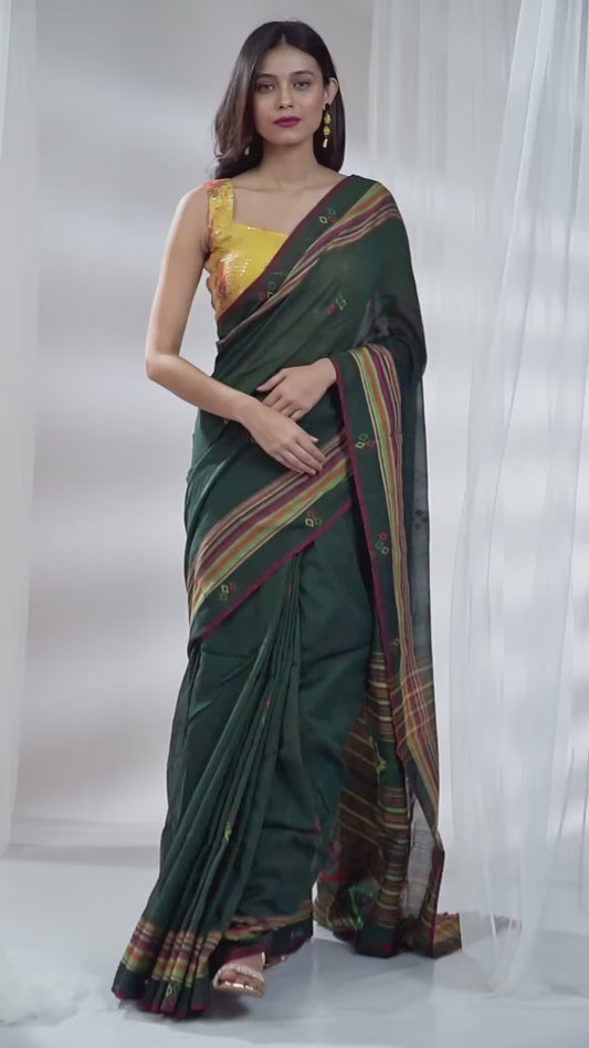 Aparna Handloom Bottle Green Premium Cotton Saree For Women