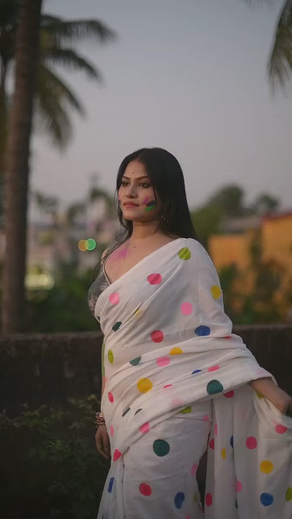 Aparna Multicolor Ball Print White Mul Cotton Saree For Women