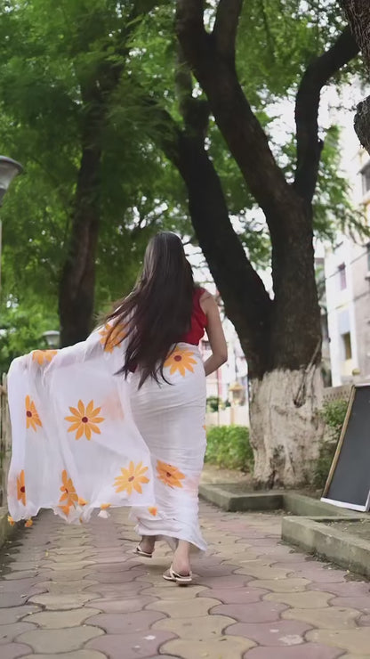 Aparna White Premium Hand Printed mul Cotton Saree For Women