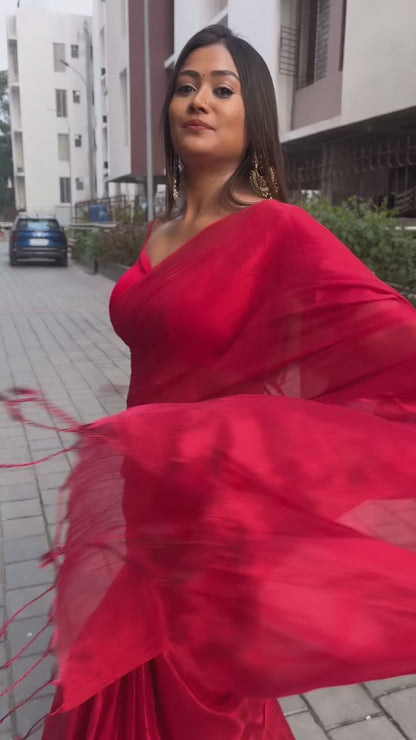 Aparna Cherry Red Raga Tissue Saree For Women & Girls