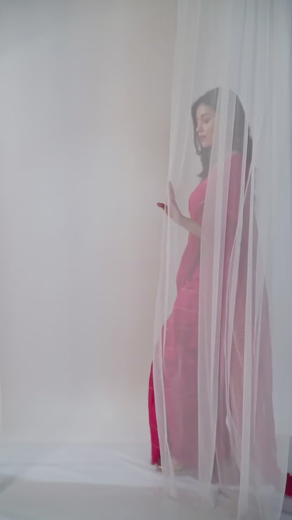 Aparna Cherry Red Premium Mul Cotton Saree With Golden Stripe Mul Cotton Saree