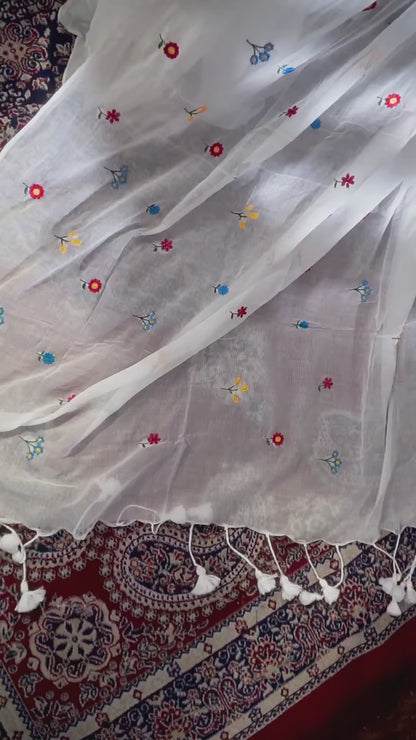 Aparna White Cotton Solid Embroidery Saree With Unstitched Blouse Piece For Women
