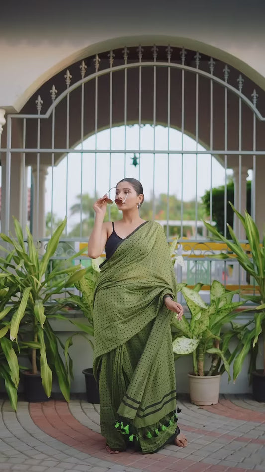 Dark Olive Green Premium Mul Cotton Saree