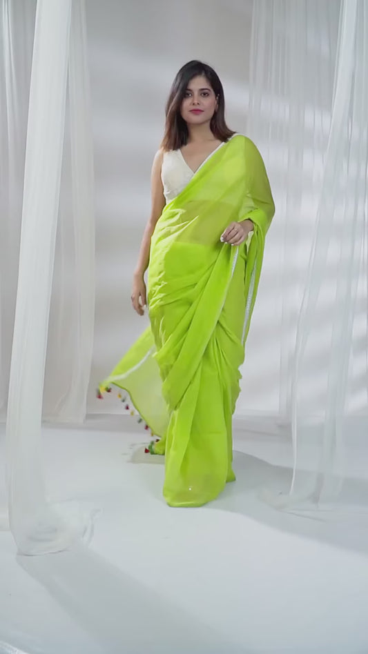 Aparna Neon Green Saree With Lace Mul Cotton Saree