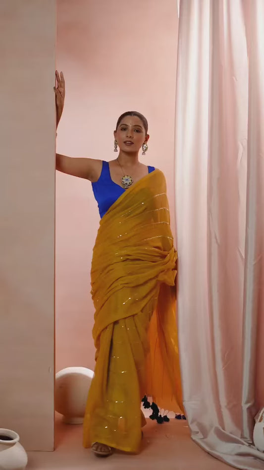 Yellow Mul Cotton Saree With Golden Stripe For Women